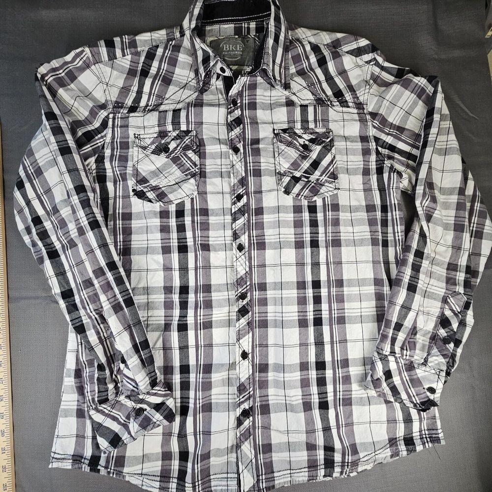 BKE Shirt Mens Large Black White Plaid Athletic Fit Long Sleeve Casual Western
